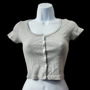 Brandy Melville Stripe Gray White Henley Baby Tee Cropped Top One Size Y2K 90s
